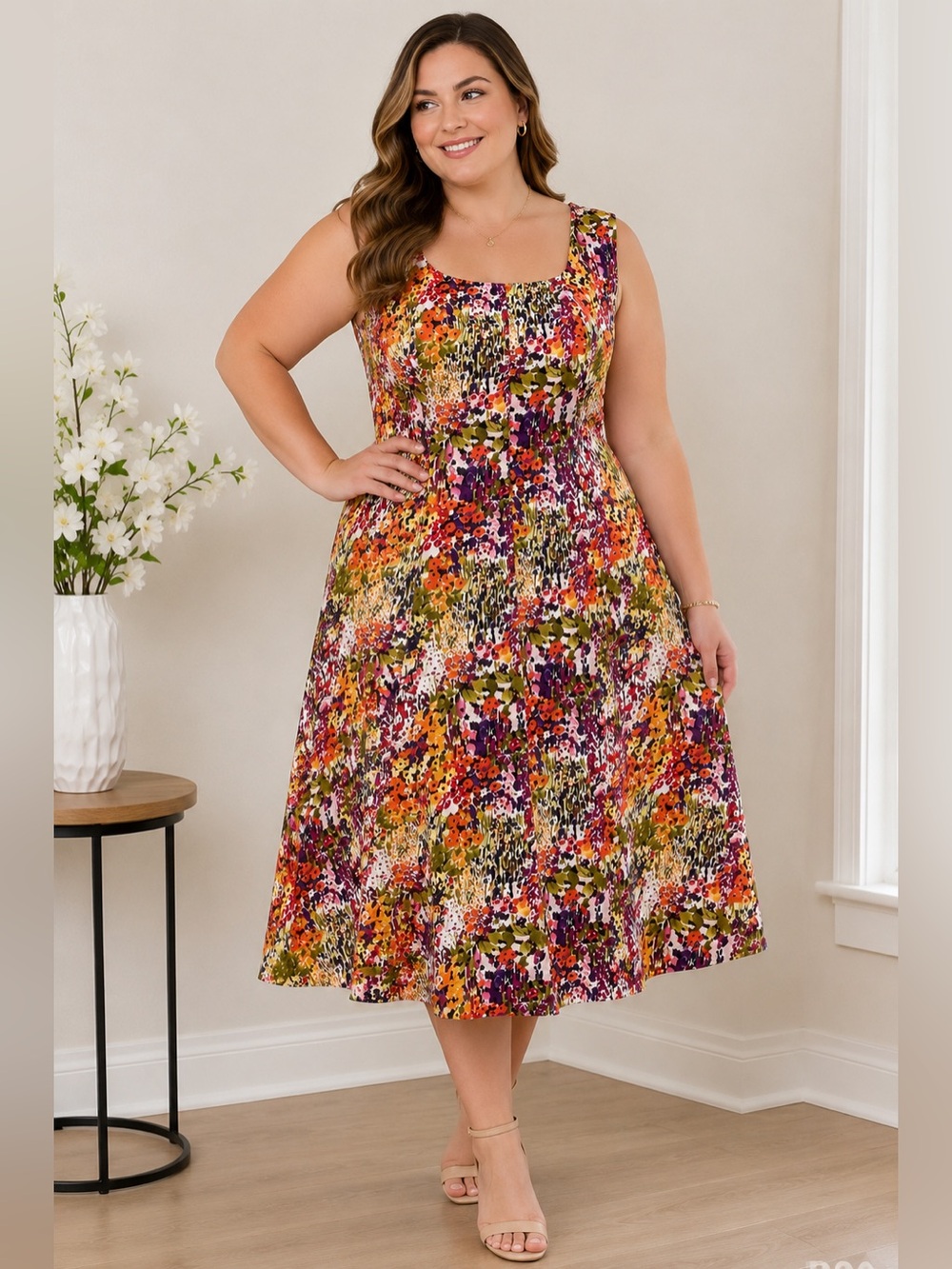 Nine West Dress Women’s Plus Size 14W Multicolor Floral Sleeveless Fit & Flare